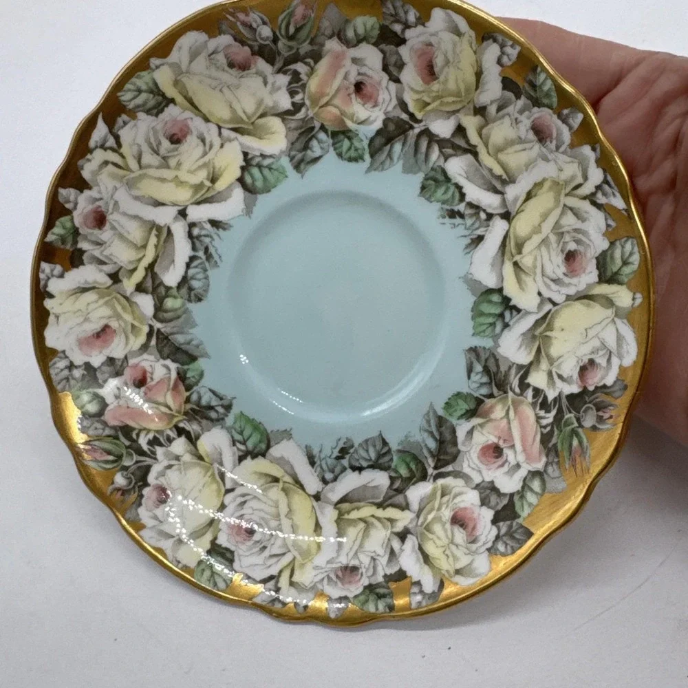 PARAGON By Appointment Double Warrant Cabbage Rose Blue Gold Gilt Cup Saucer